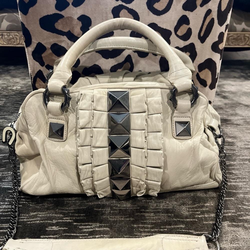 Betsey Johnson used vintage Cream Leather bag. Pyramid Stud tuxedo Ruffle Design